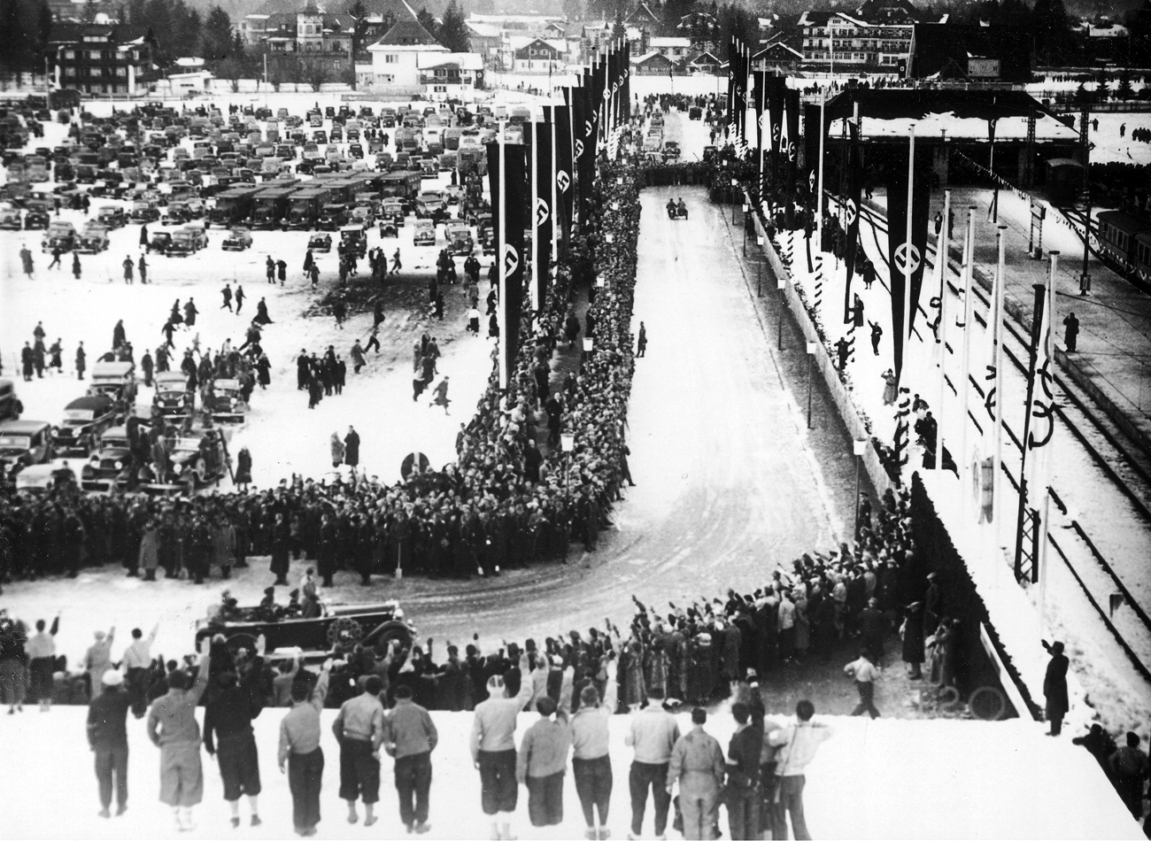 Adolf Hitler arriving at the Garmish winter Olympic games